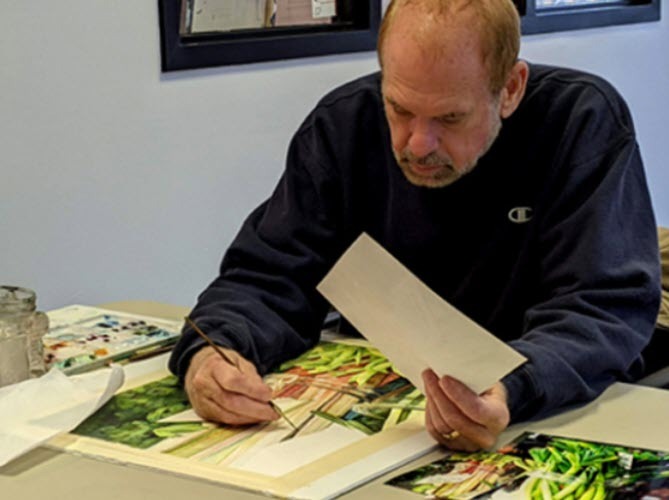 Keith Shebesta working on watercolor still-life